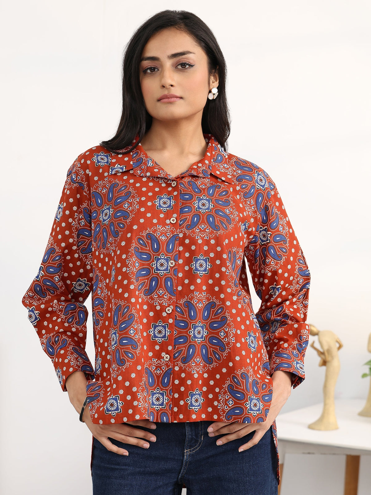 Gerua Rust Ethnic Motifs Printed Cotton Blend Shirt