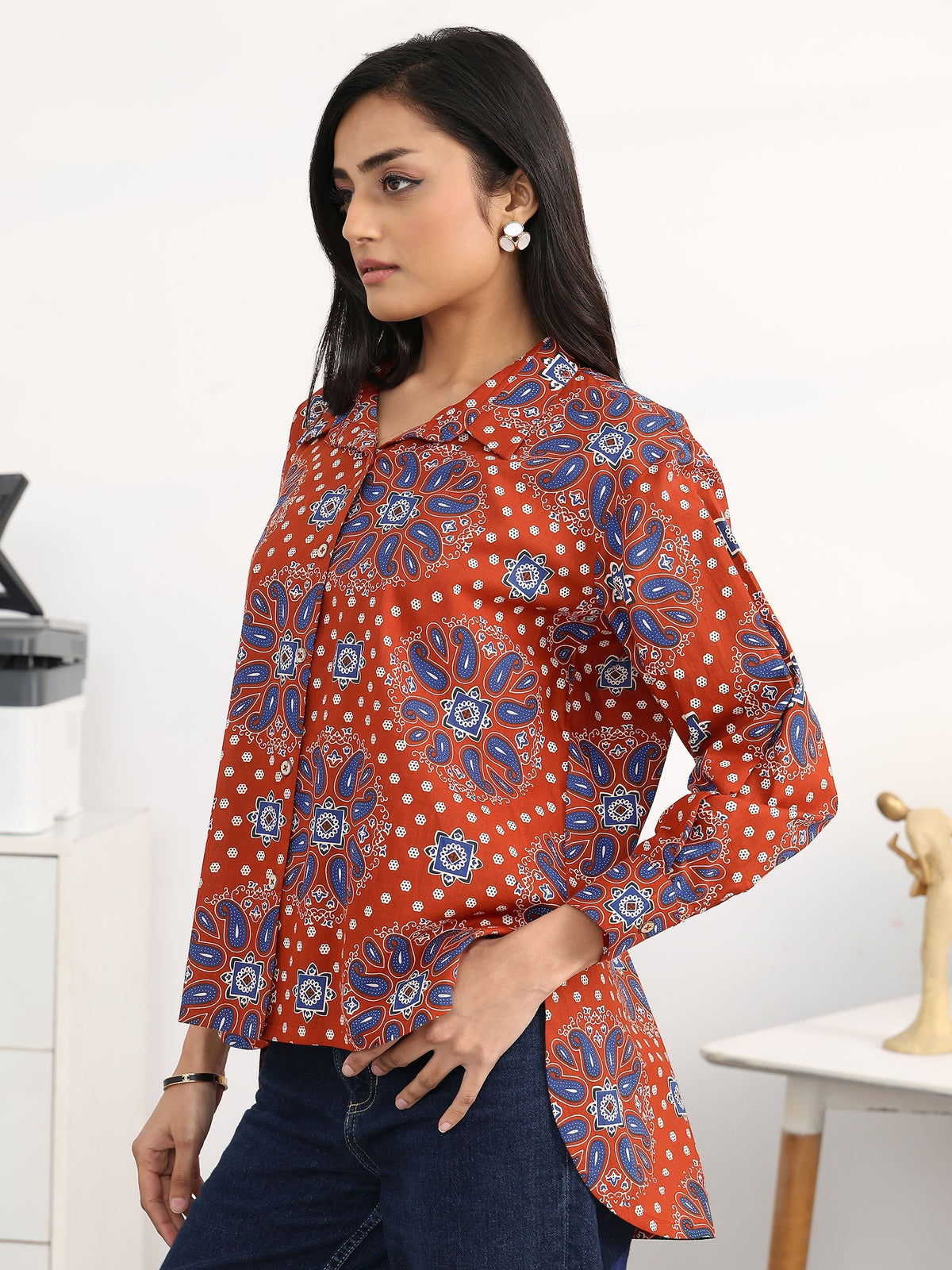 Gerua Rust Ethnic Motifs Printed Cotton Blend Shirt