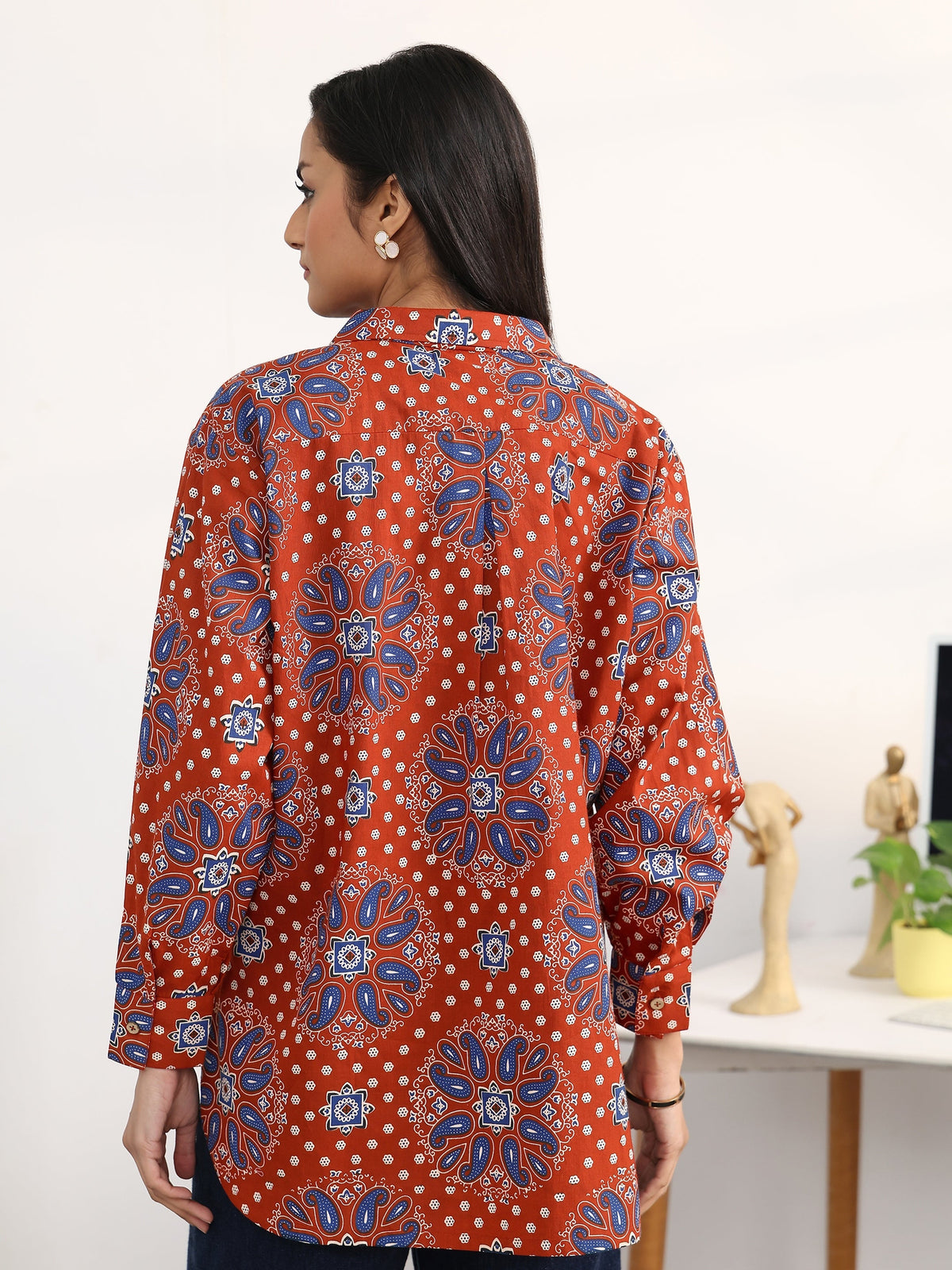 Gerua Rust Ethnic Motifs Printed Cotton Blend Shirt