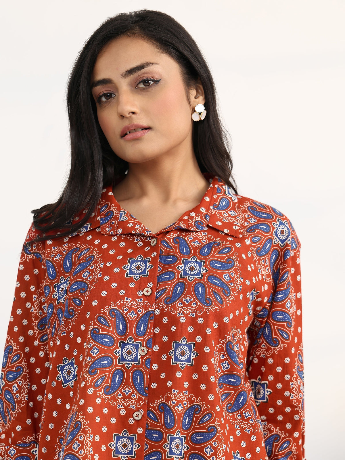 Gerua Rust Ethnic Motifs Printed Cotton Blend Shirt
