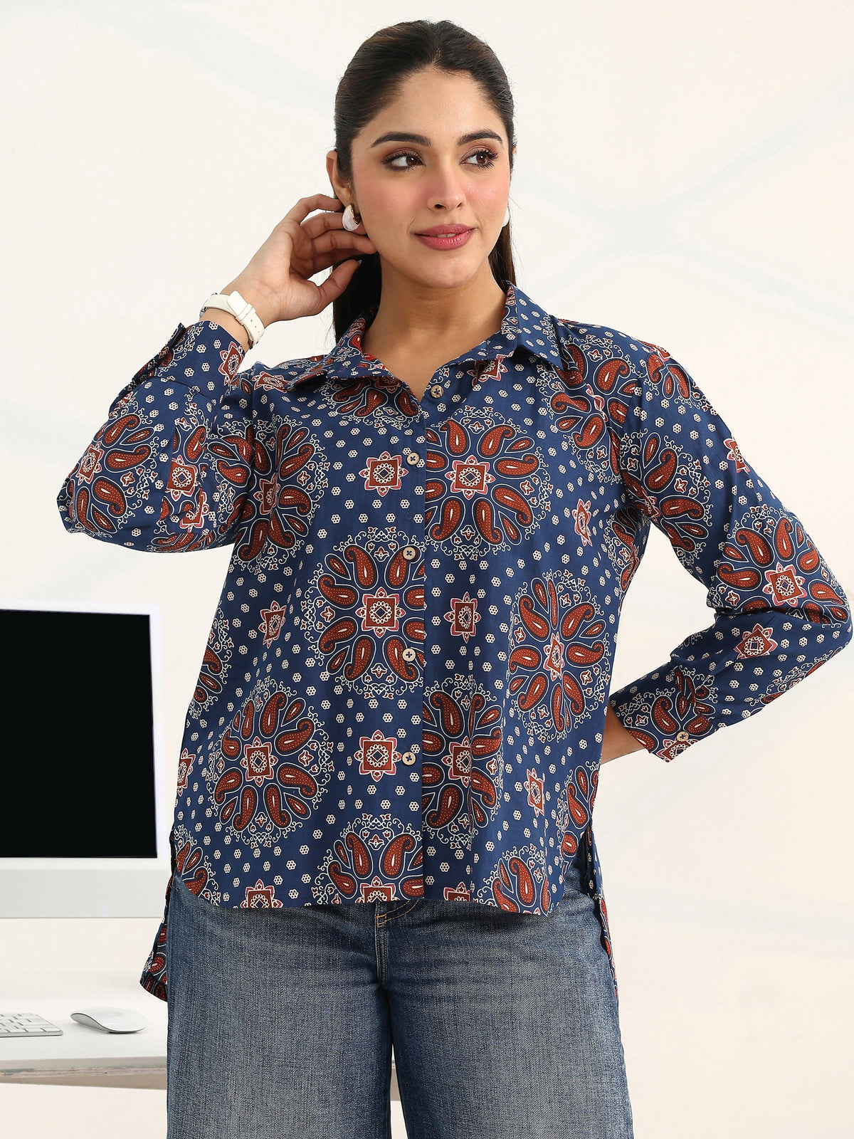 Gerua Blue Paisley Printed Cotton Blend Shirt