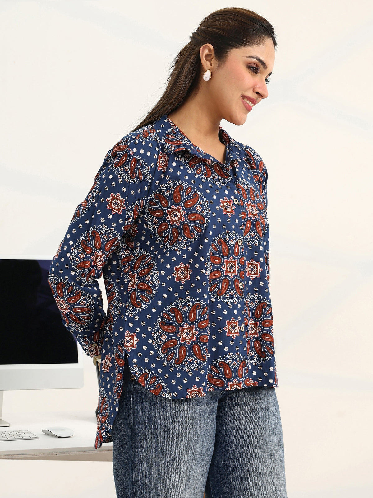 Gerua Blue Paisley Printed Cotton Blend Shirt