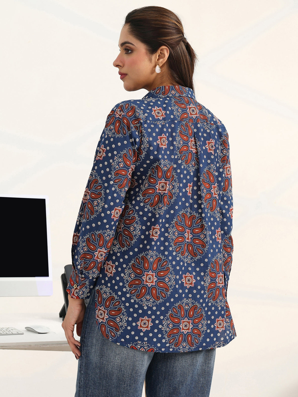 Gerua Blue Paisley Printed Cotton Blend Shirt