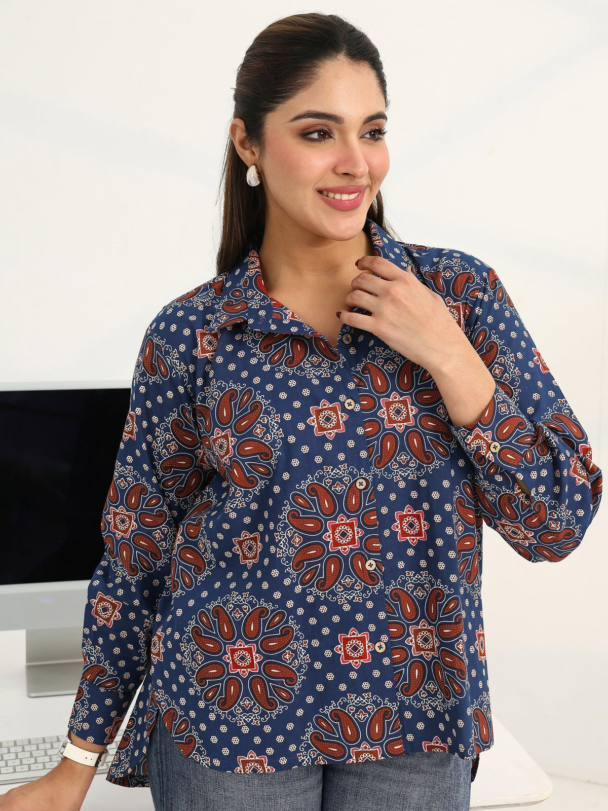 Gerua Blue Paisley Printed Cotton Blend Shirt