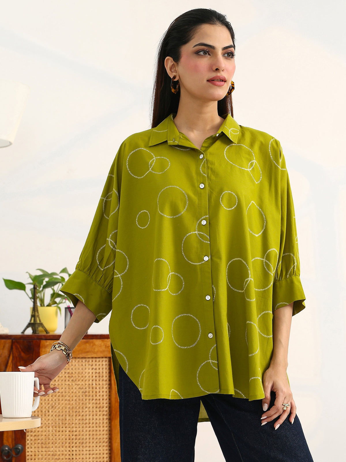 Gerua Green Geometric Printed Cotton Blend Shirt