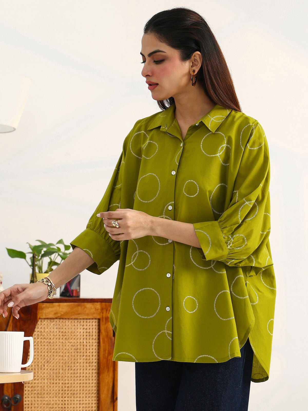 Gerua Green Geometric Printed Cotton Blend Shirt
