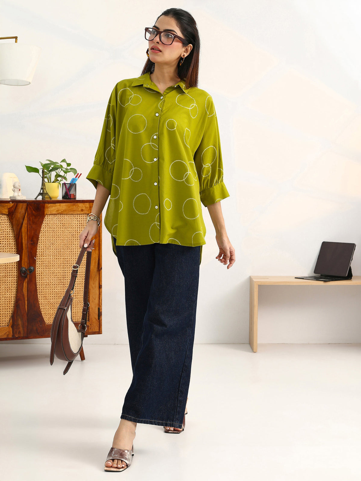 Gerua Green Geometric Printed Cotton Blend Shirt