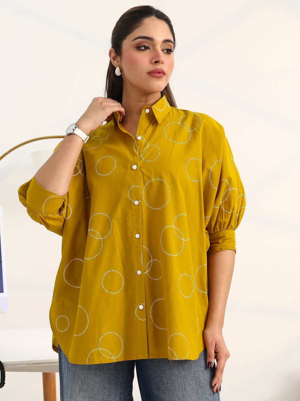 Gerua Mustard Geometric Printed Cotton Blend Shirt