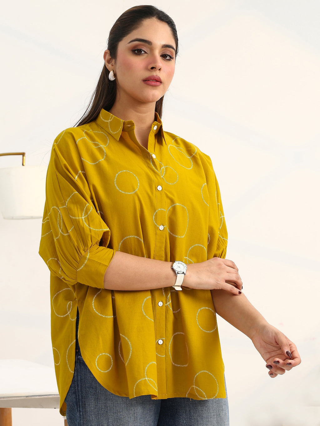 Gerua Mustard Geometric Printed Cotton Blend Shirt