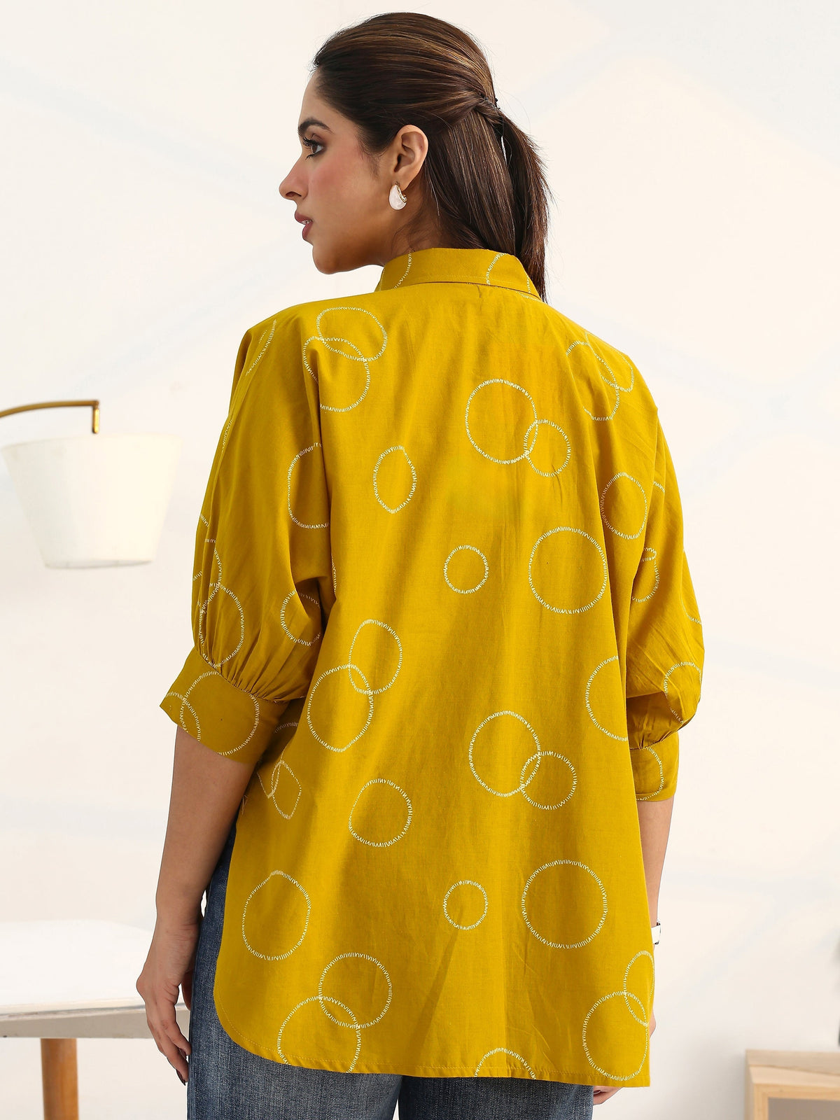 Gerua Mustard Geometric Printed Cotton Blend Shirt