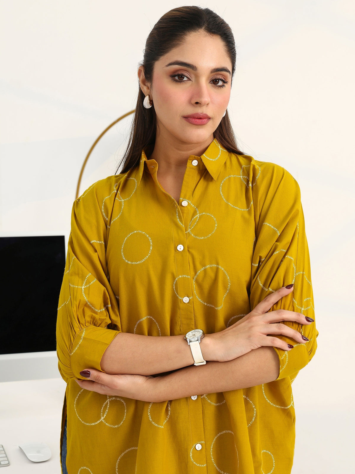 Gerua Mustard Geometric Printed Cotton Blend Shirt