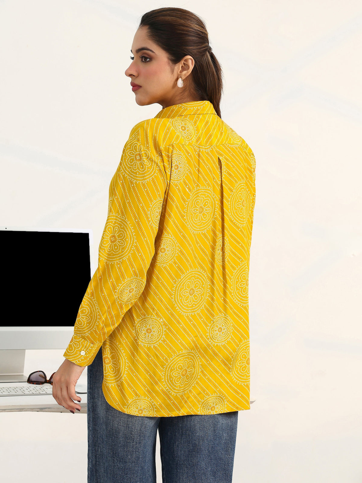 Gerua Bandhani Yellow Cotton Blend Signature Shirt