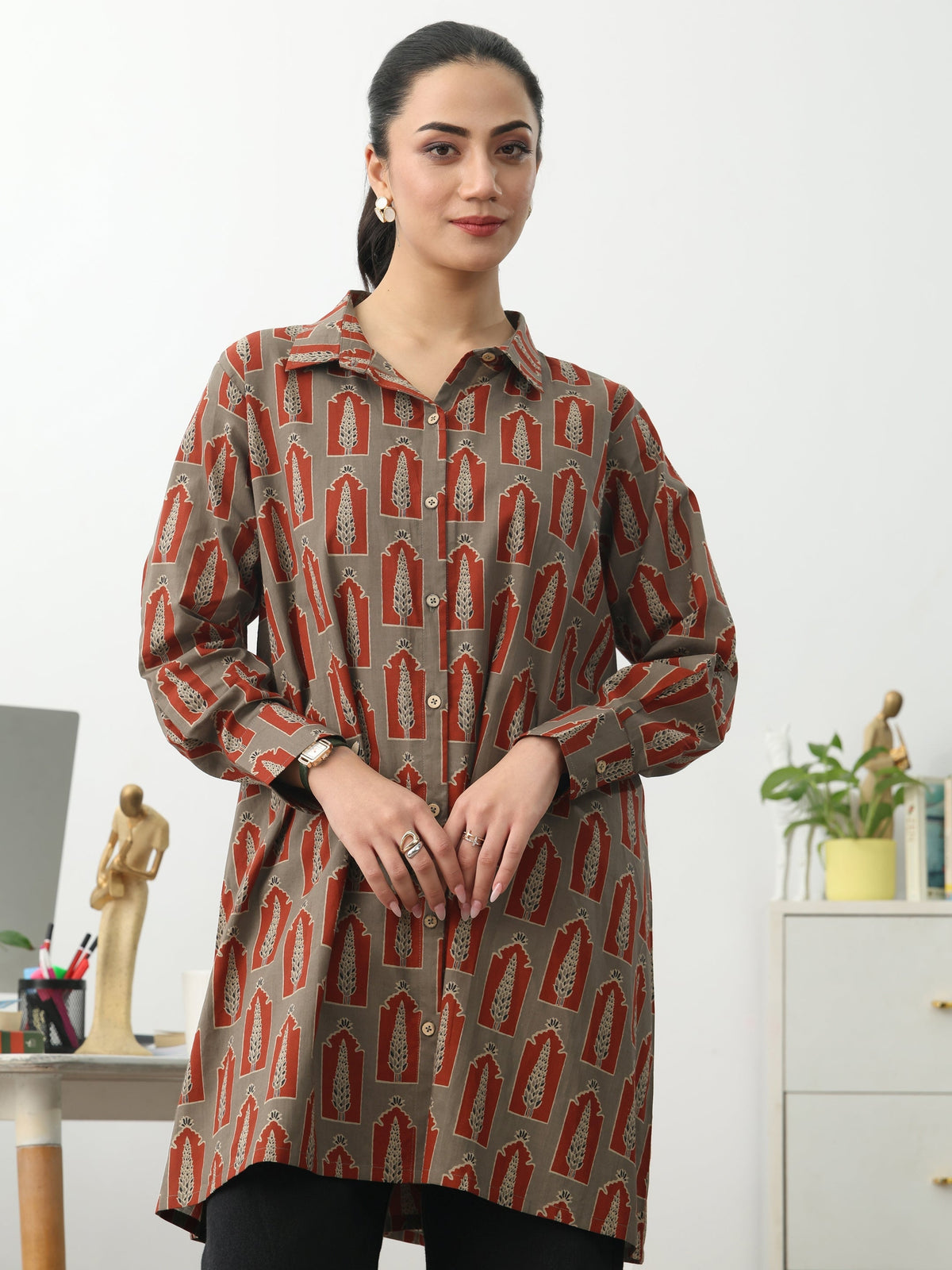 Gerua Grey Ethnic Motifs Printed Cotton Blend Shirt
