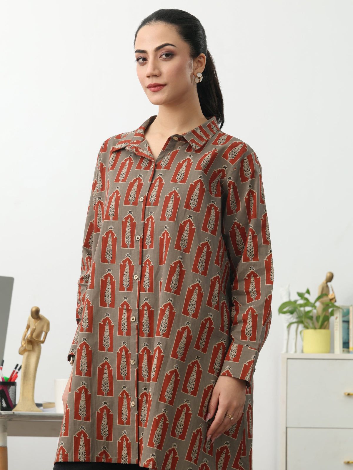 Gerua Grey Ethnic Motifs Printed Cotton Blend Shirt