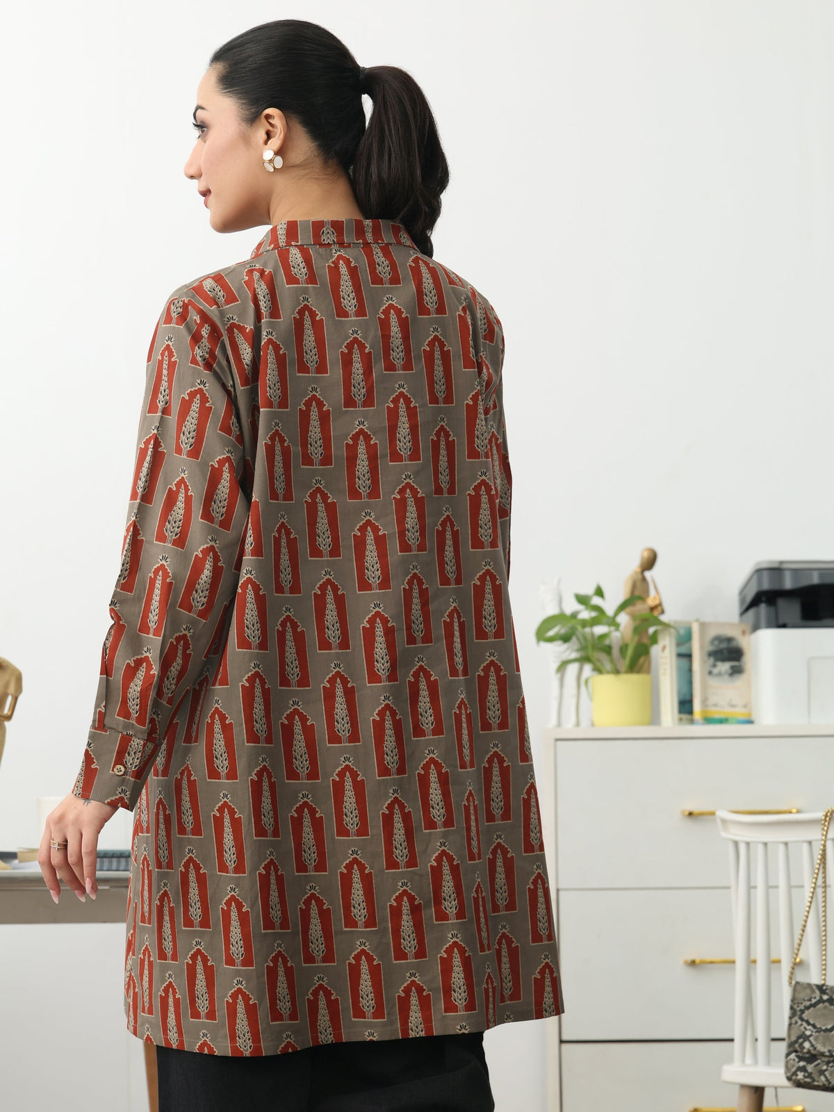 Gerua Grey Ethnic Motifs Printed Cotton Blend Shirt