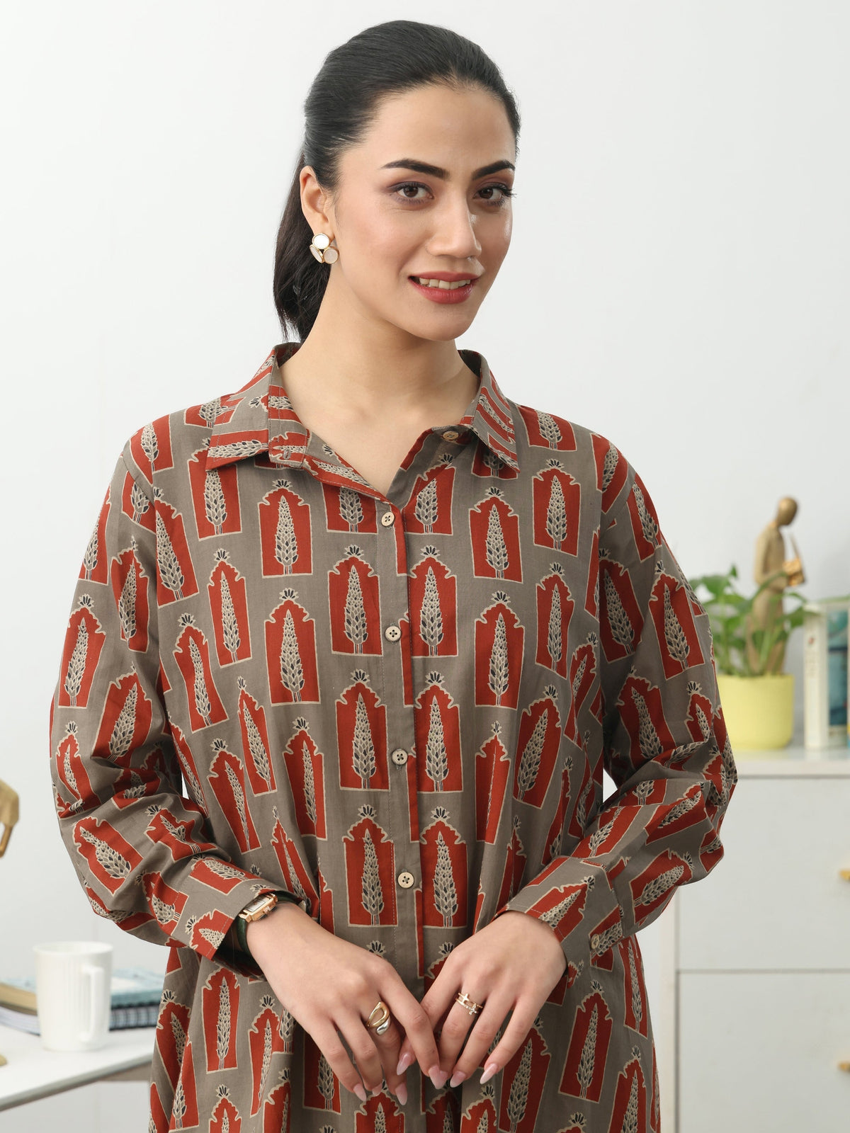 Gerua Grey Ethnic Motifs Printed Cotton Blend Shirt