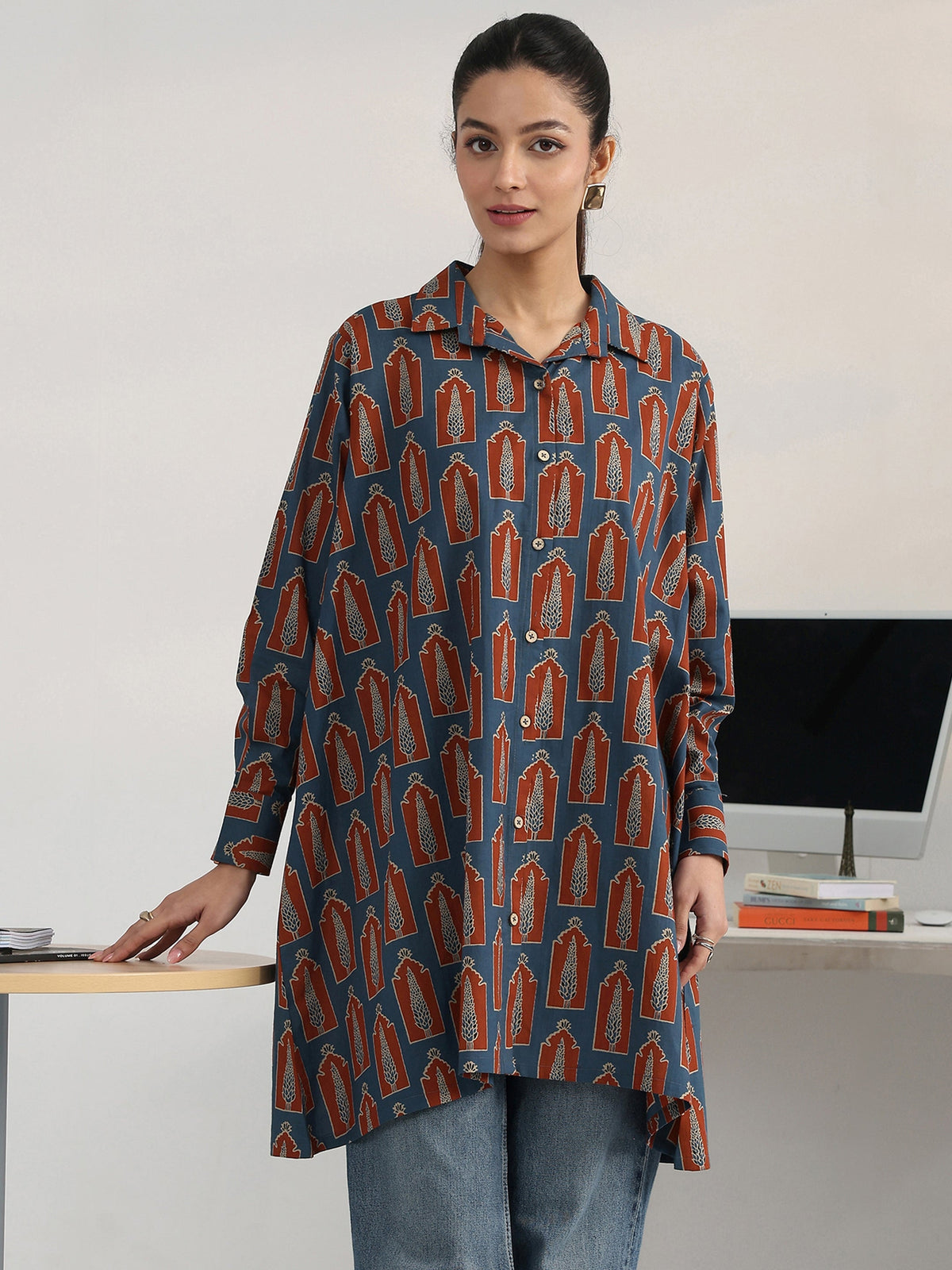 Gerua Navy Blue Geometric Printed Cotton Blend Shirt