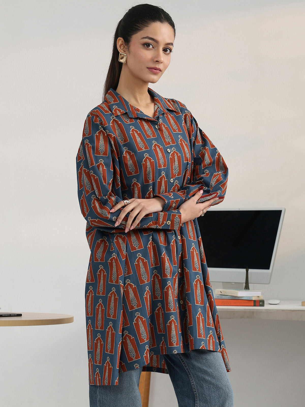 Gerua Navy Blue Geometric Printed Cotton Blend Shirt