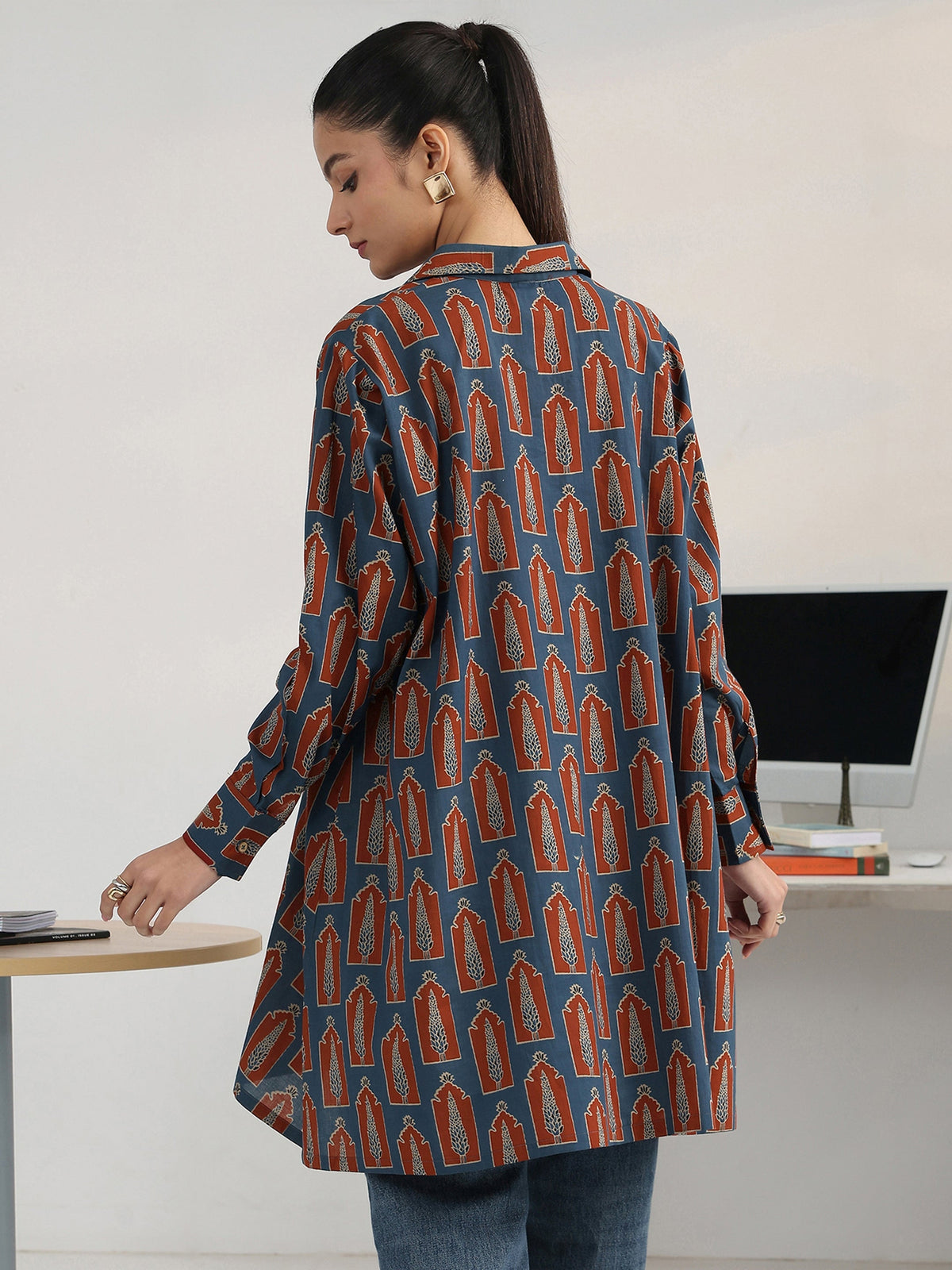Gerua Navy Blue Geometric Printed Cotton Blend Shirt