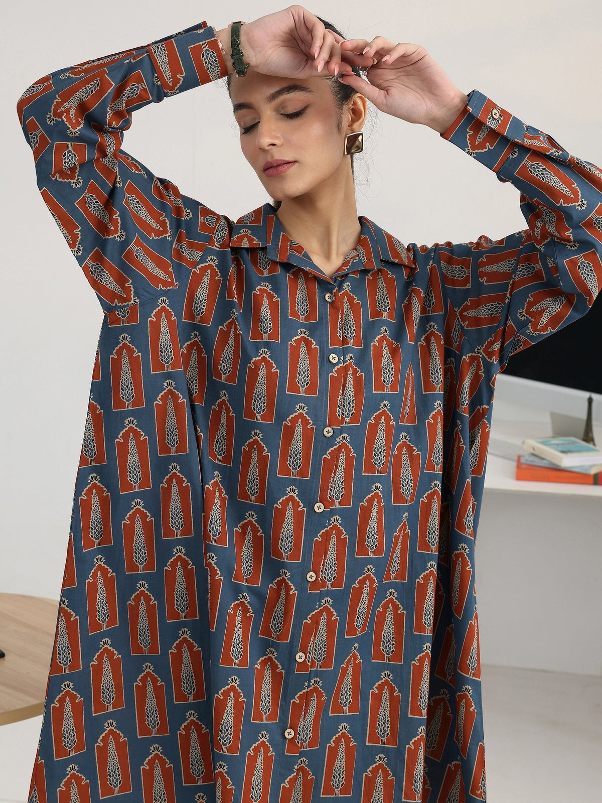 Gerua Navy Blue Geometric Printed Cotton Blend Shirt