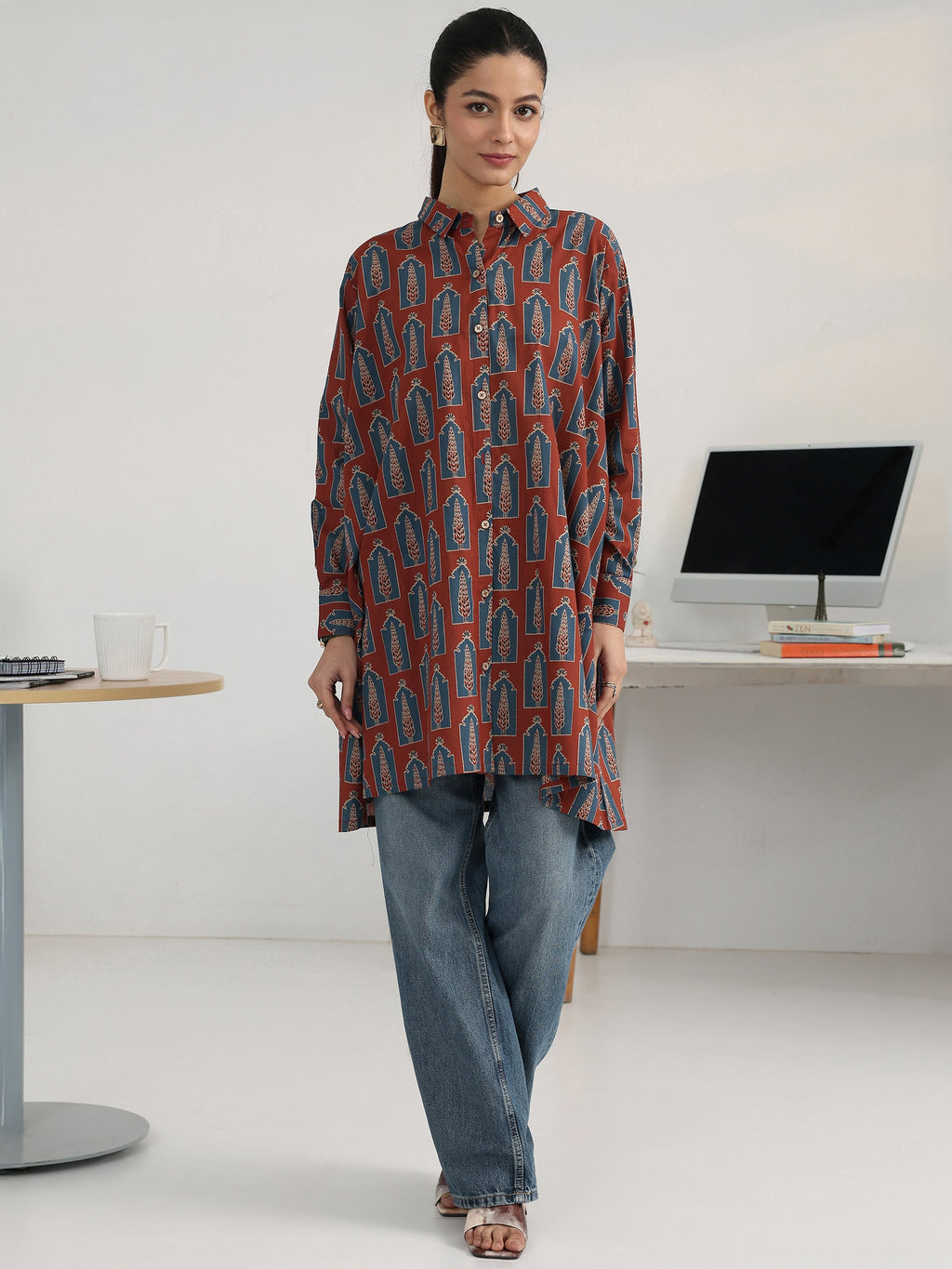 Gerua Rust Block Printed Cotton Blend Shirt