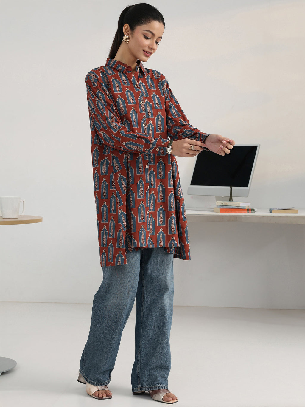 Gerua Rust Block Printed Cotton Blend Shirt