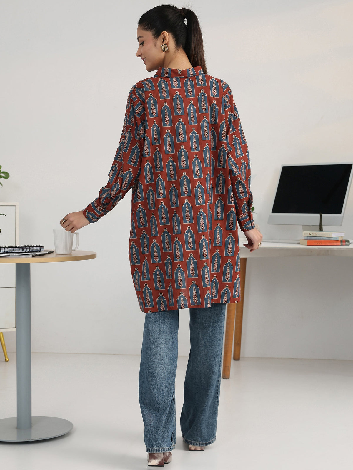 Gerua Rust Block Printed Cotton Blend Shirt
