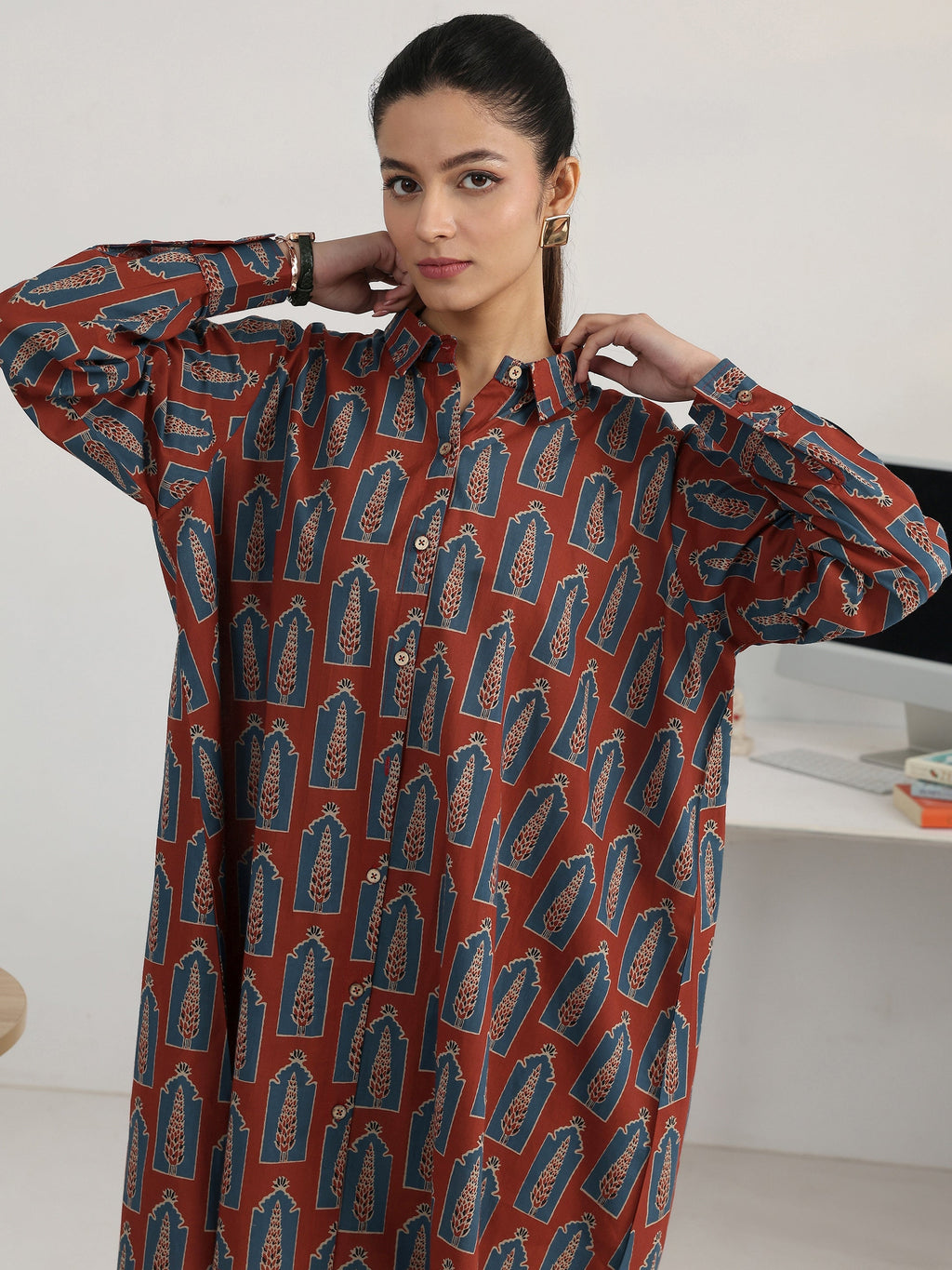 Gerua Rust Block Printed Cotton Blend Shirt
