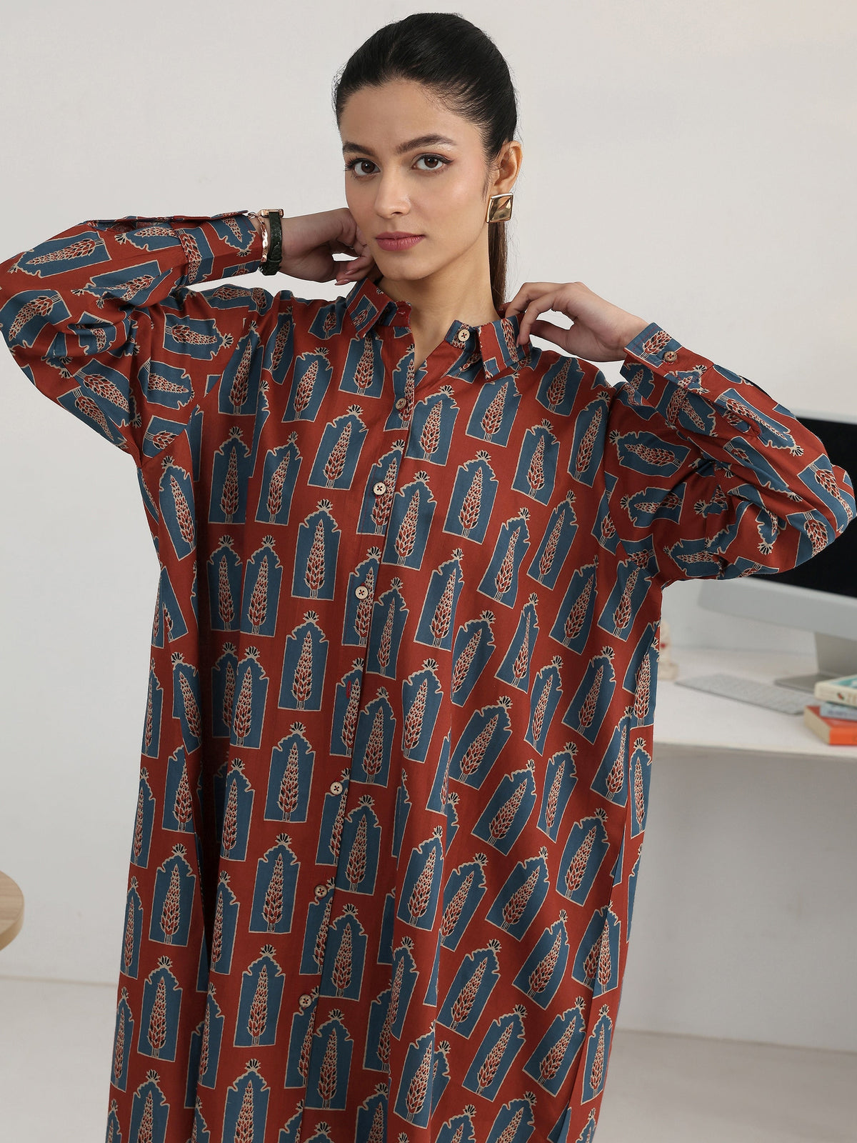 Gerua Rust Block Printed Cotton Blend Shirt