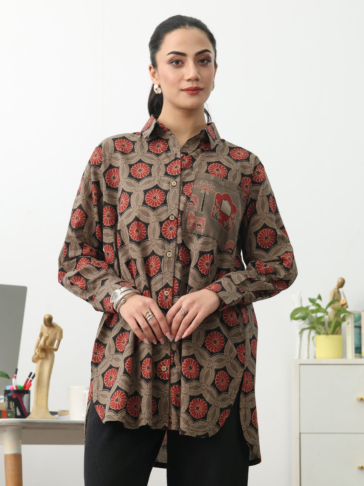 Gerua Grey Ethnic Motifs Printed Cotton Blend Shirt