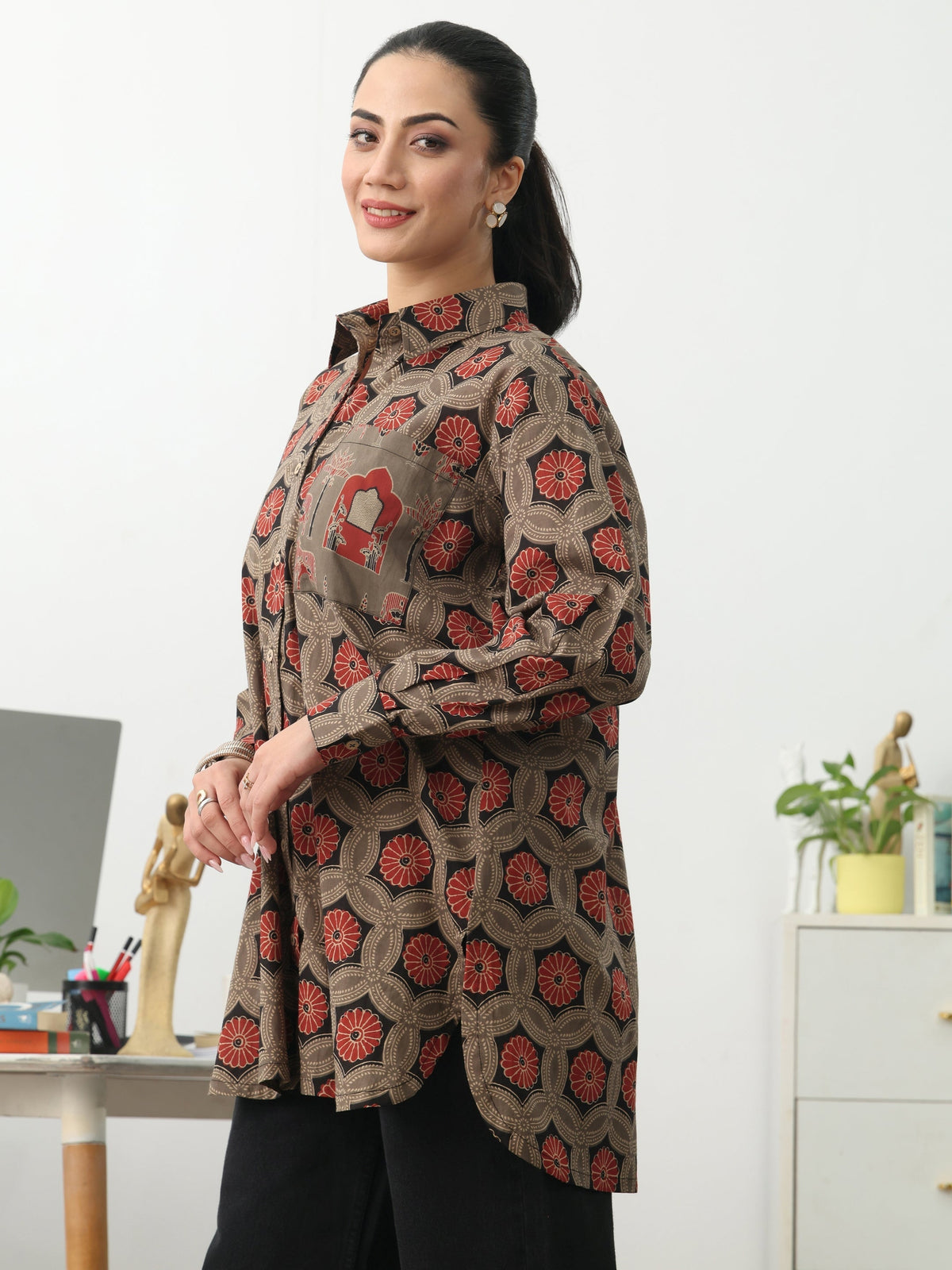 Gerua Grey Ethnic Motifs Printed Cotton Blend Shirt