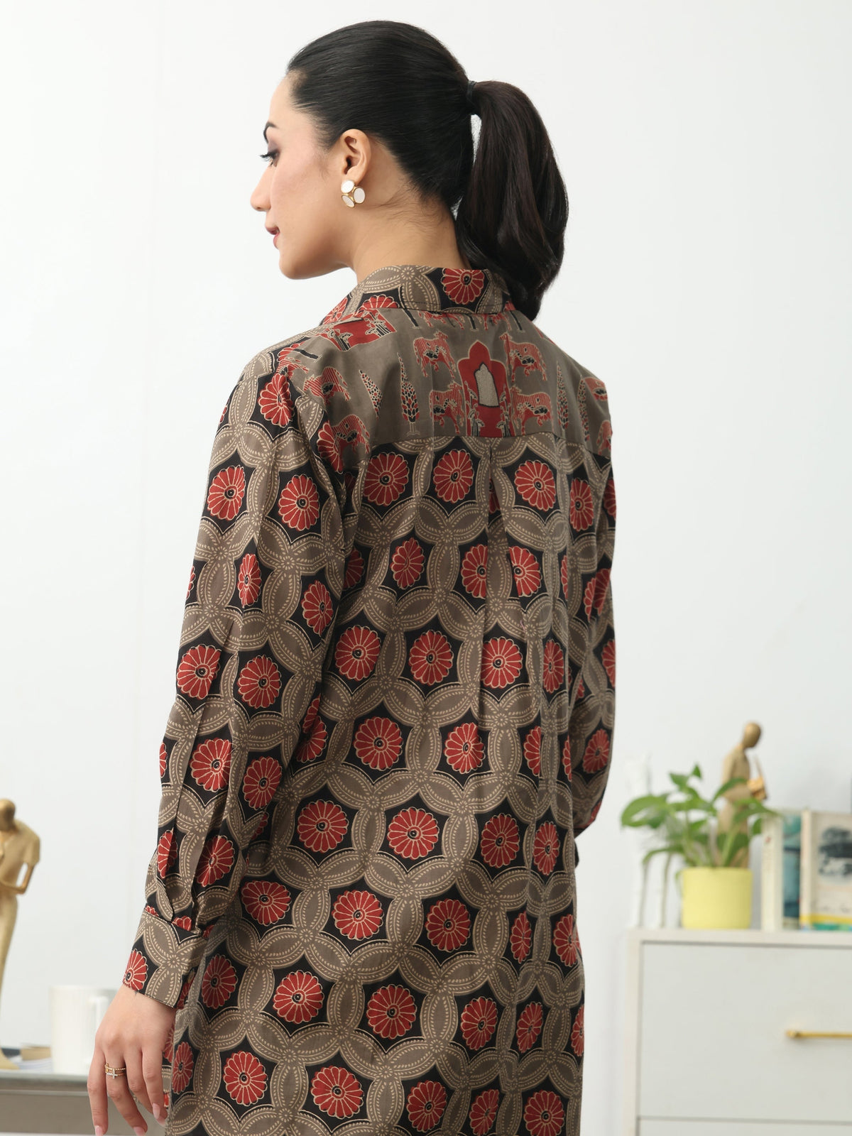 Gerua Grey Ethnic Motifs Printed Cotton Blend Shirt