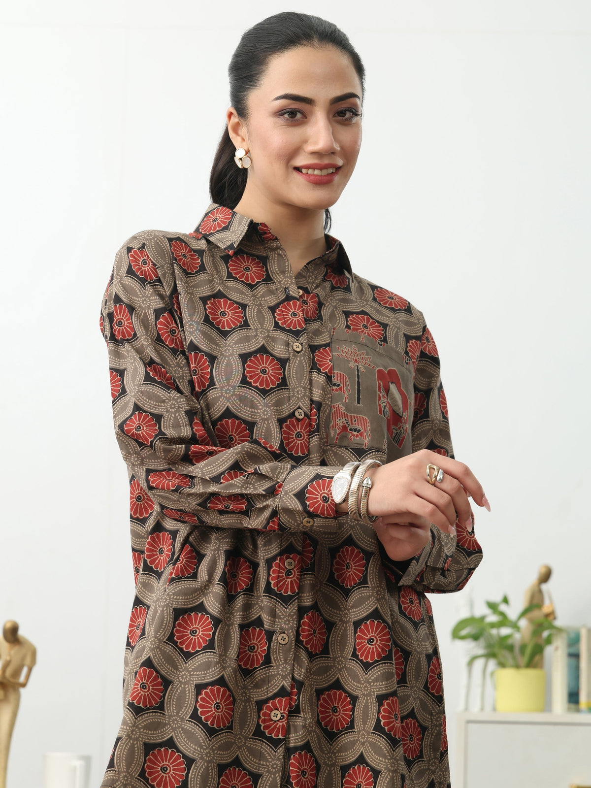 Gerua Grey Ethnic Motifs Printed Cotton Blend Shirt