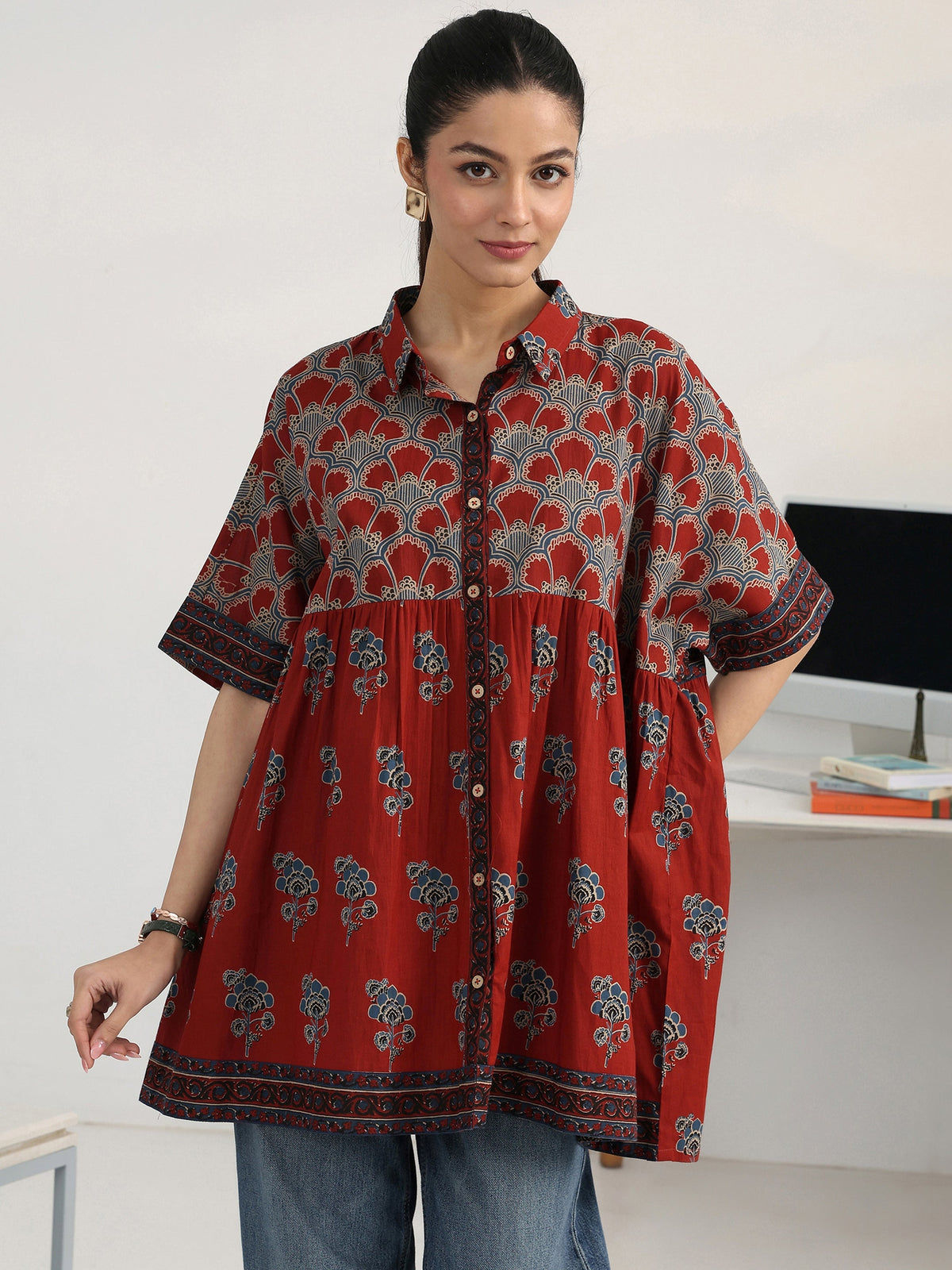 Gerua Rust Floral Printed Cotton Blend Shirt