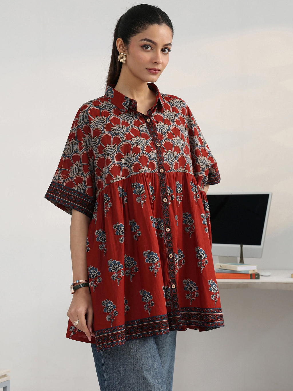 Gerua Rust Floral Printed Cotton Blend Shirt