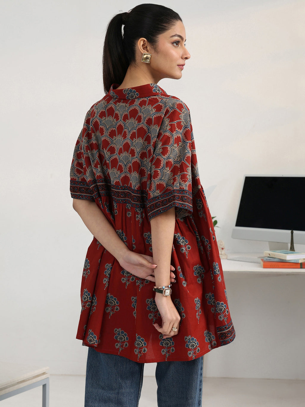 Gerua Rust Floral Printed Cotton Blend Shirt