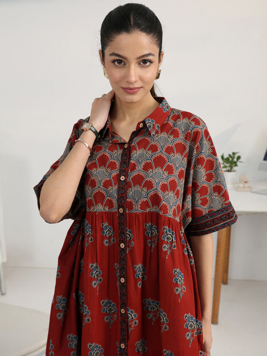 Gerua Rust Floral Printed Cotton Blend Shirt