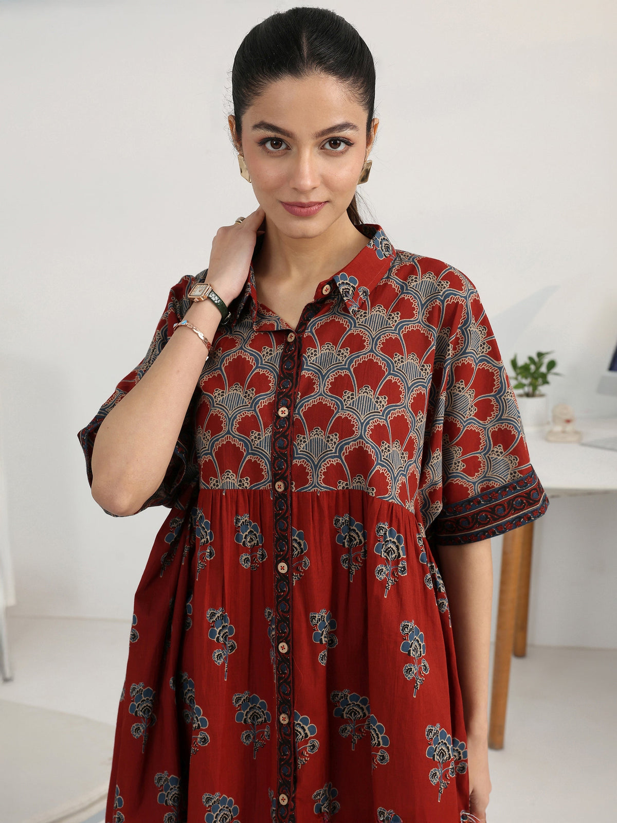 Gerua Rust Floral Printed Cotton Blend Shirt