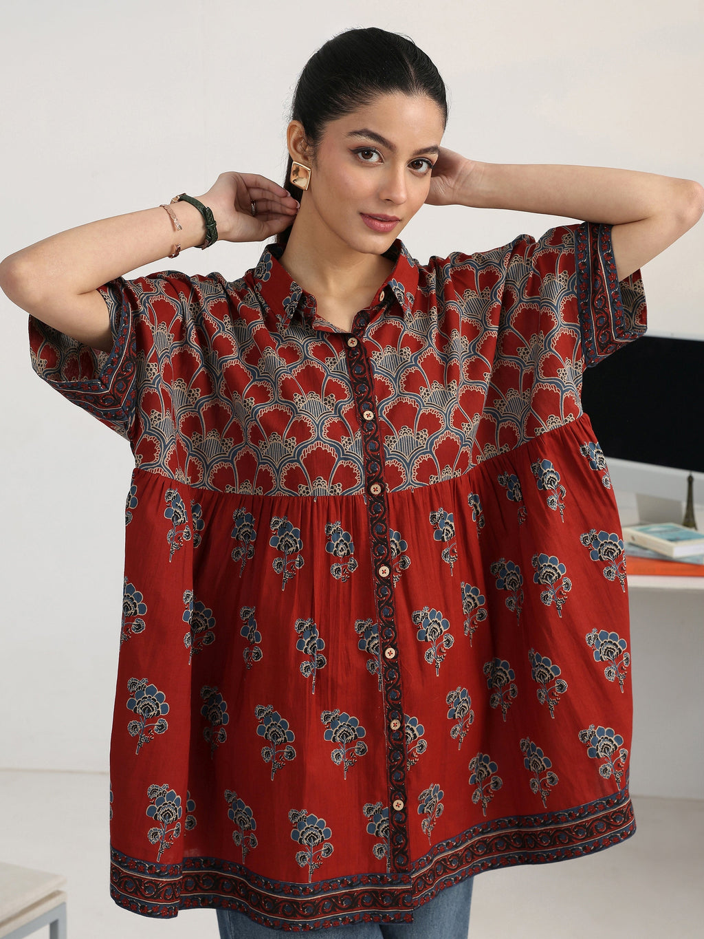 Gerua Rust Floral Printed Cotton Blend Shirt