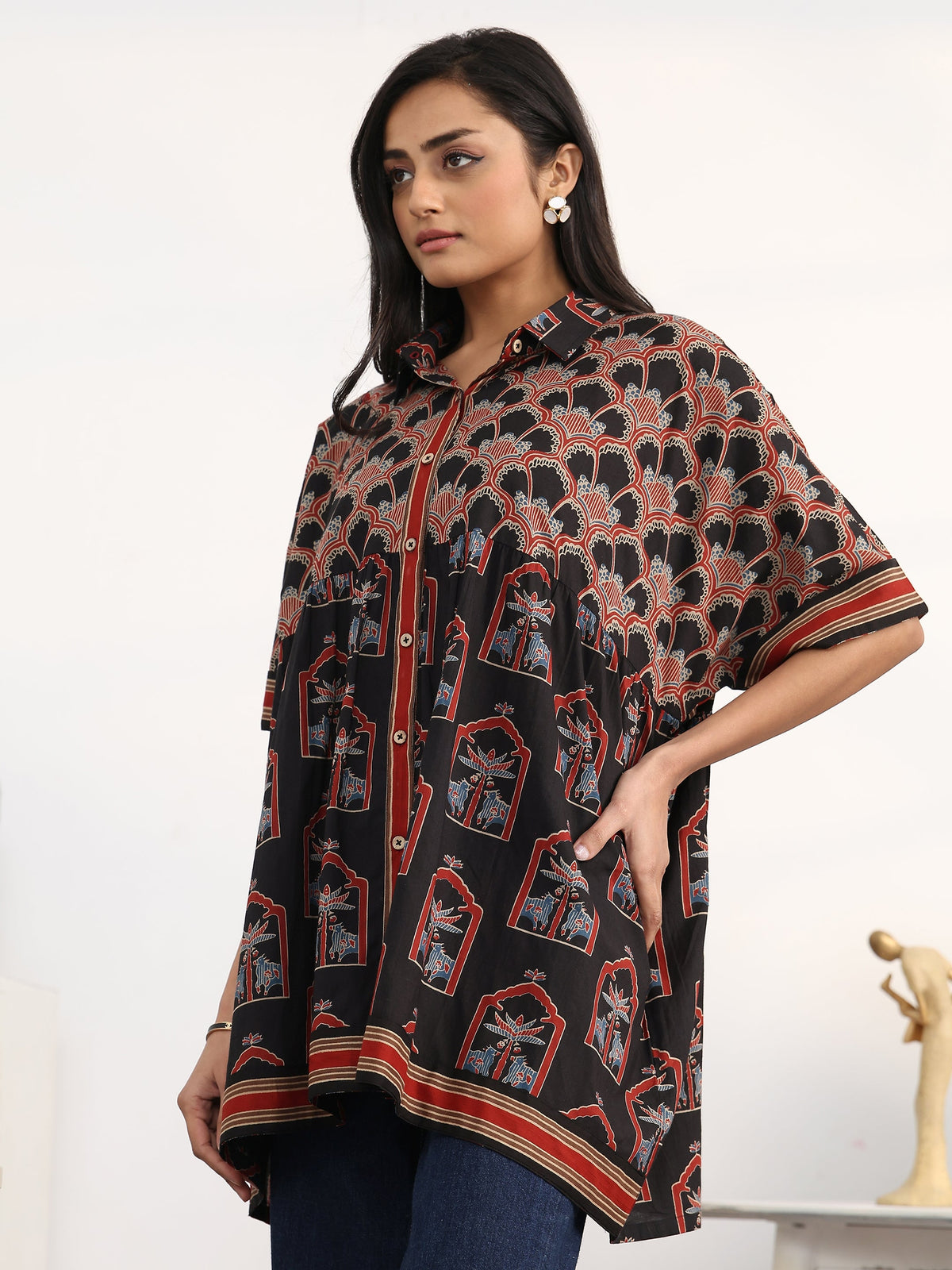 Gerua Black Ethnic Motifs Printed Cotton Blend Shirt