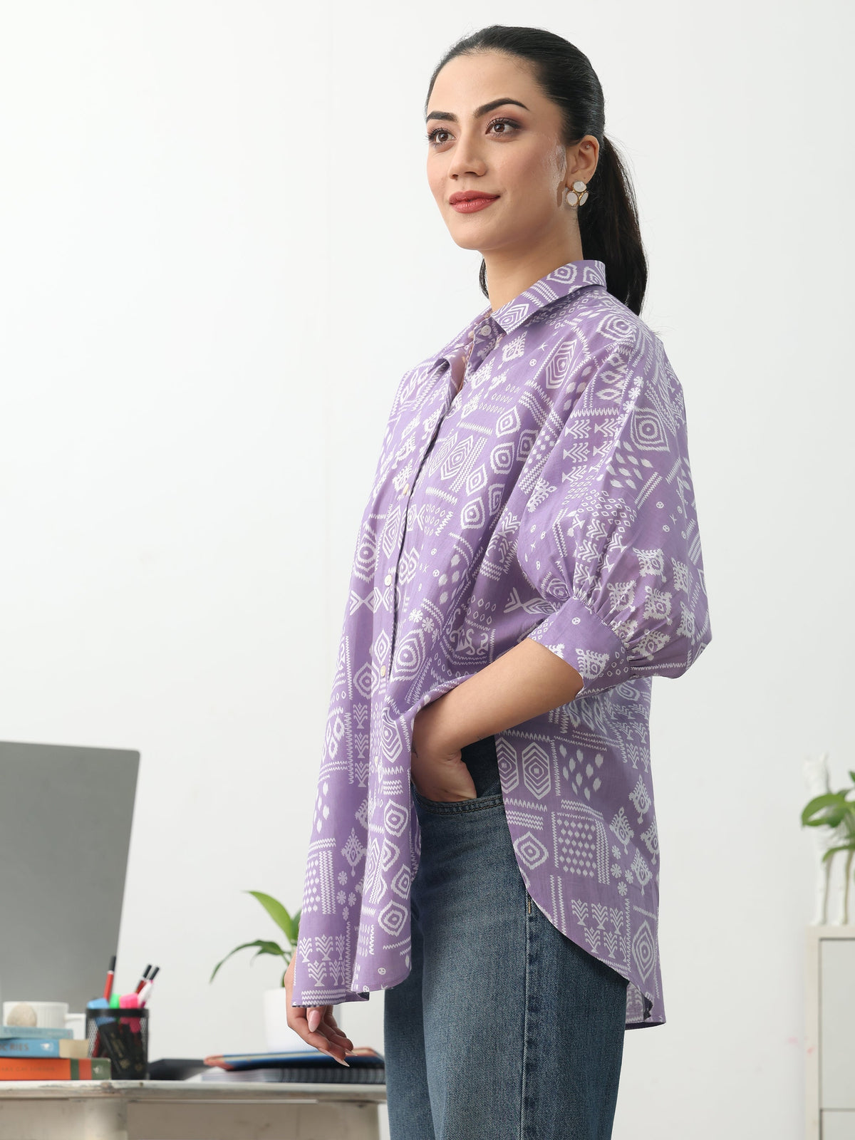 Gerua Purple Ethnic Motifs Printed Cotton Blend Shirt