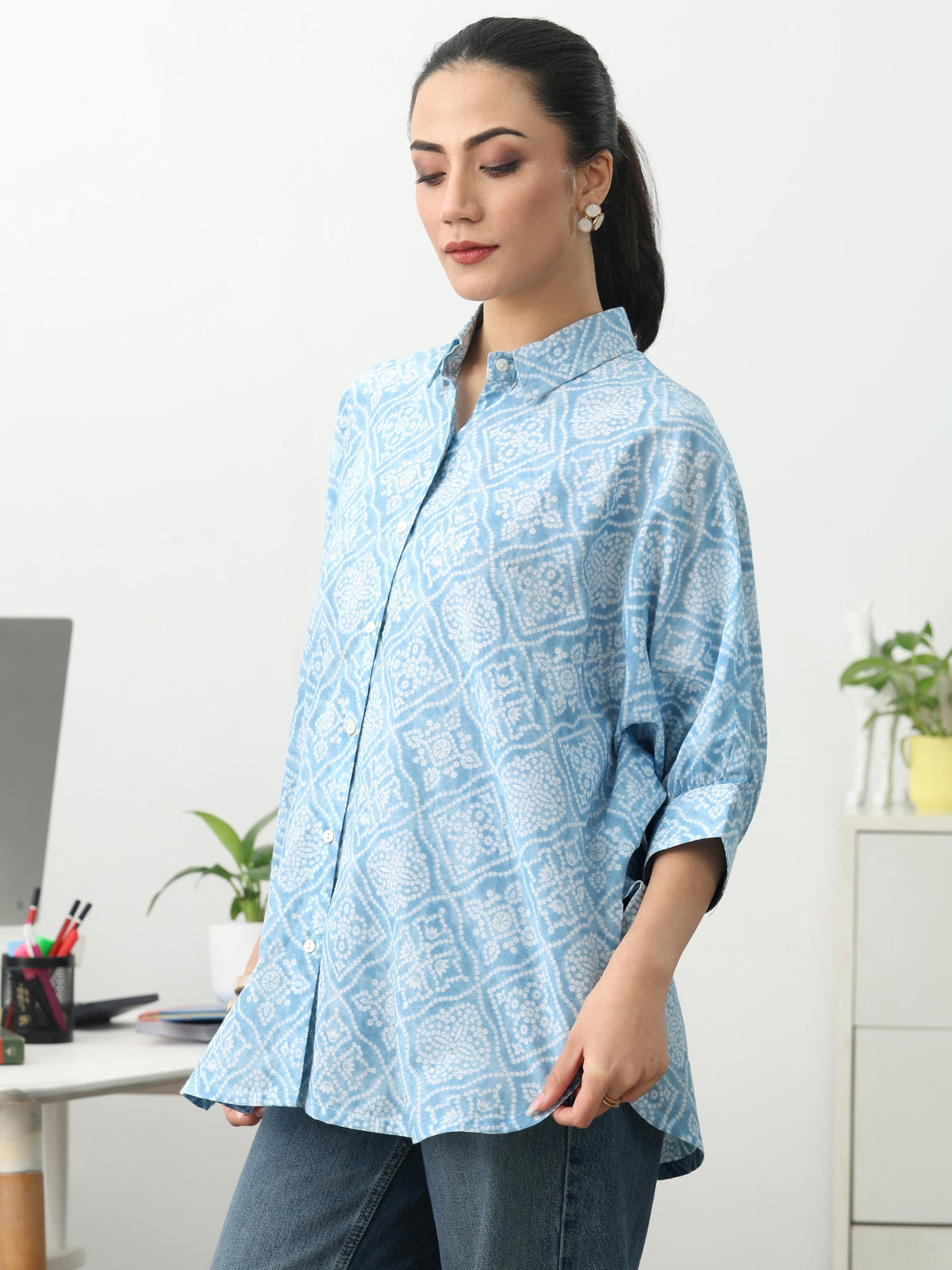 Gerua Bandhani Blue Cotton Blend Signature Shirt