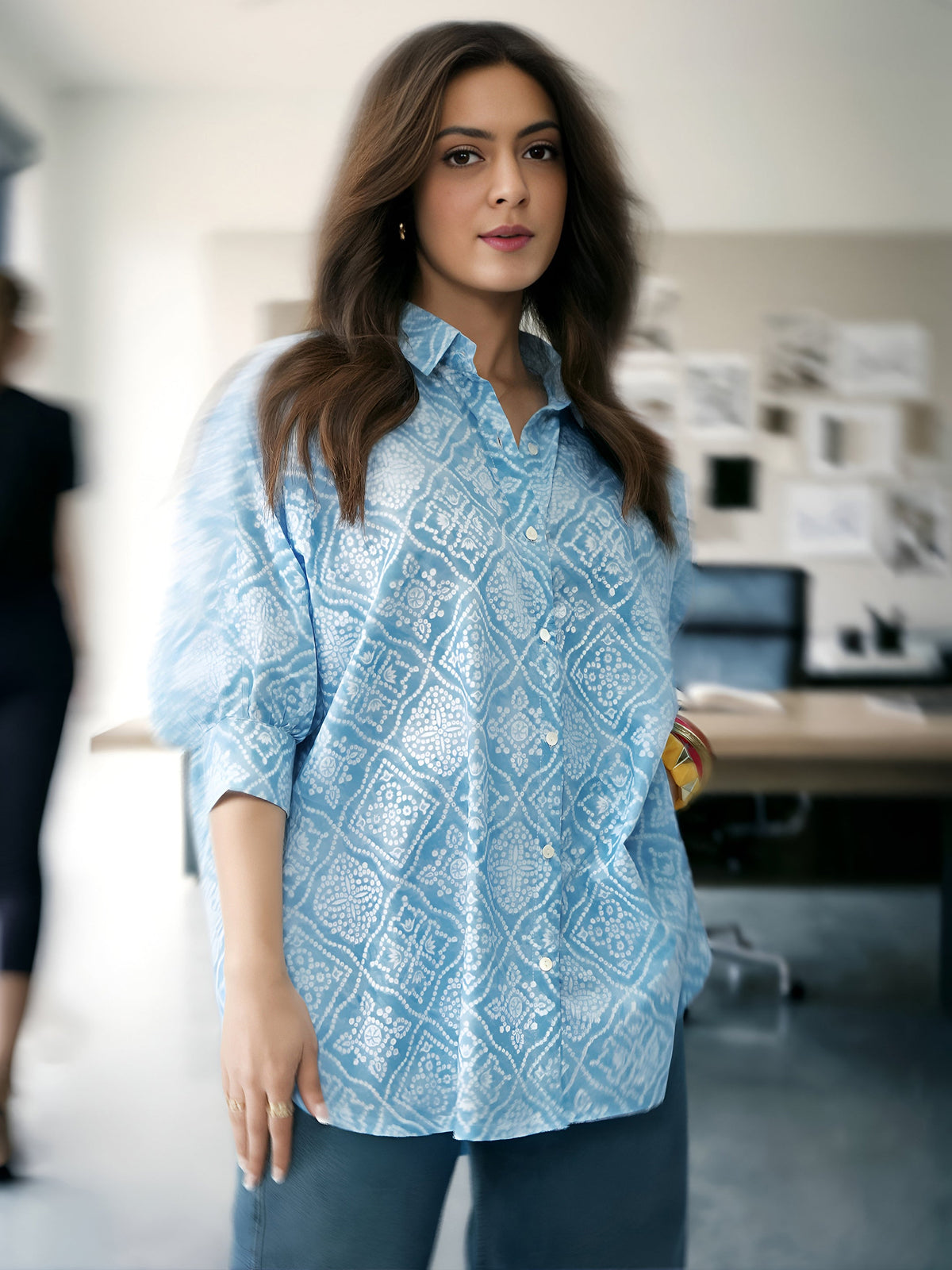Gerua Bandhani Blue Cotton Blend Signature Shirt
