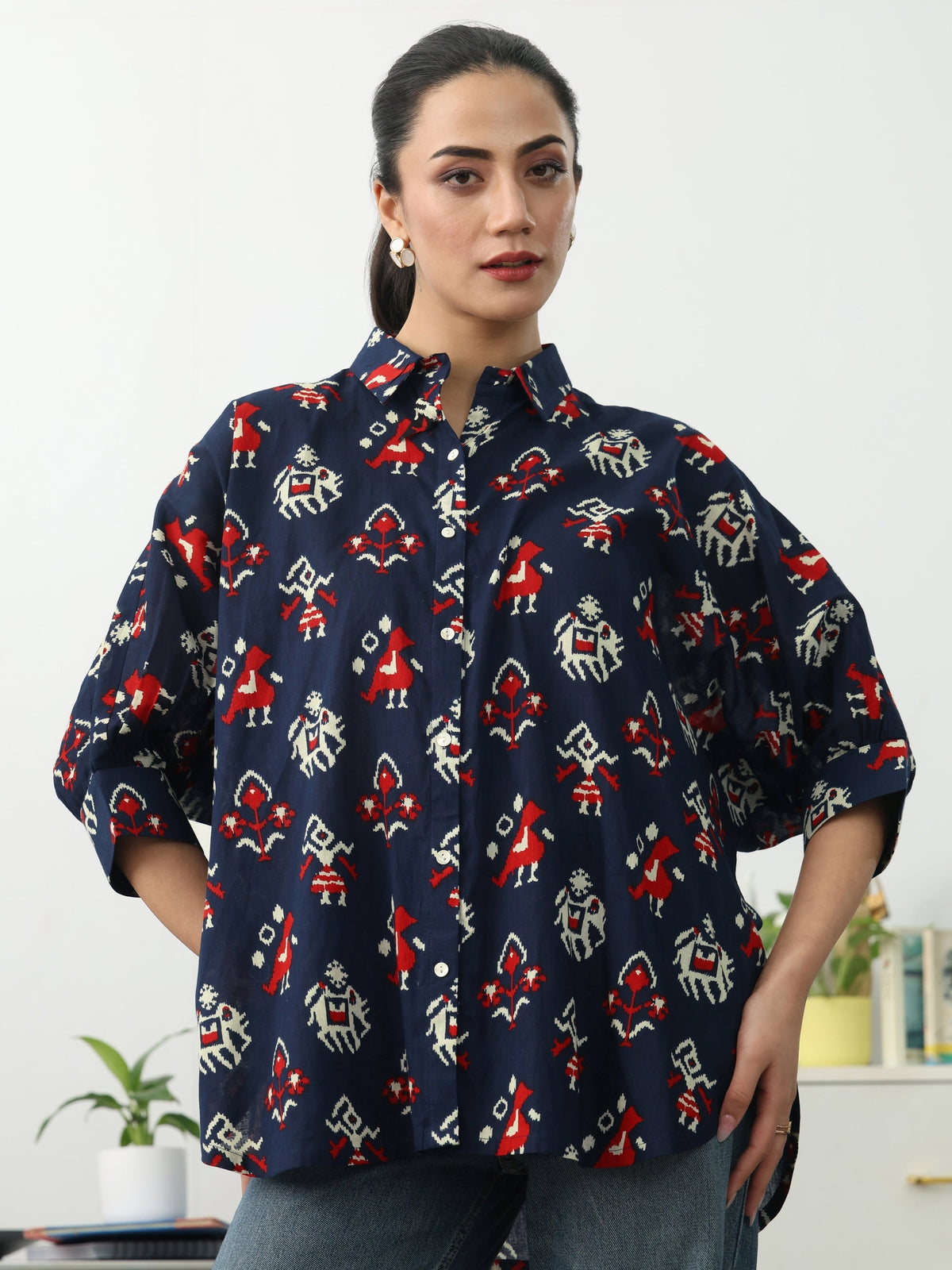 Gerua Navy Blue Ethnic Motifs Printed Cotton Blend Shirt