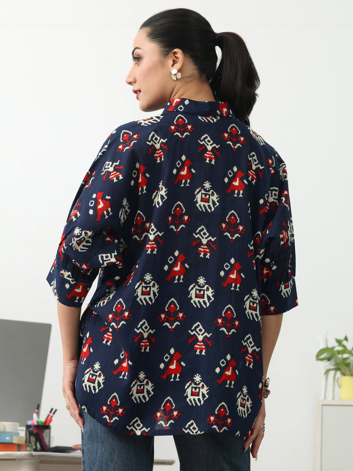 Gerua Navy Blue Ethnic Motifs Printed Cotton Blend Shirt