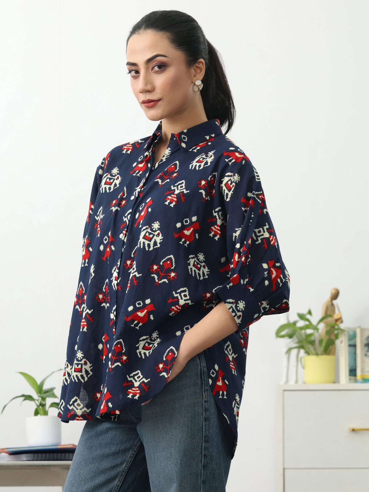 Gerua Navy Blue Ethnic Motifs Printed Cotton Blend Shirt