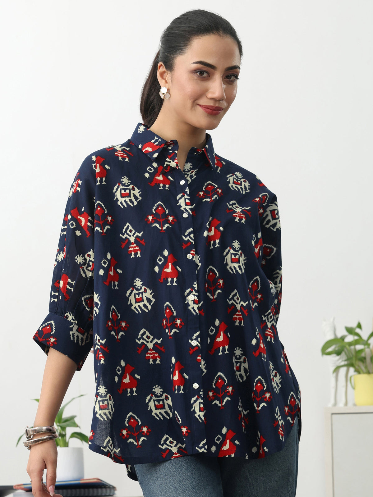 Gerua Navy Blue Ethnic Motifs Printed Cotton Blend Shirt
