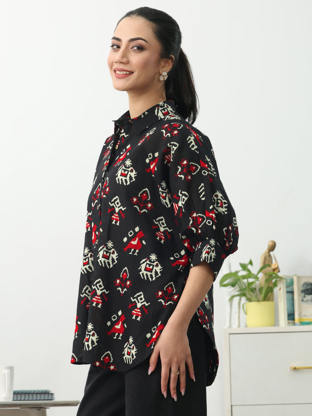 Gerua Black Ethnic Motifs Printed Cotton Blend Shirt