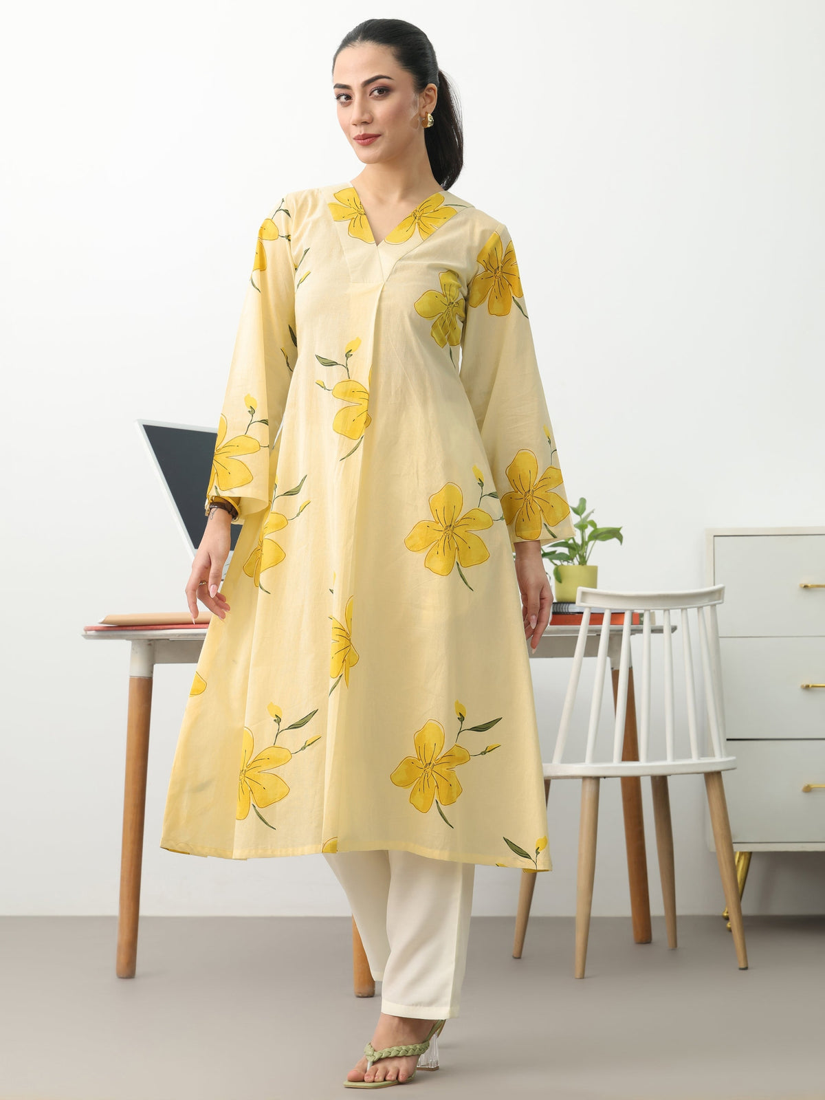 Gerua Off White Floral Printed Cotton Blend A-Line Kurta