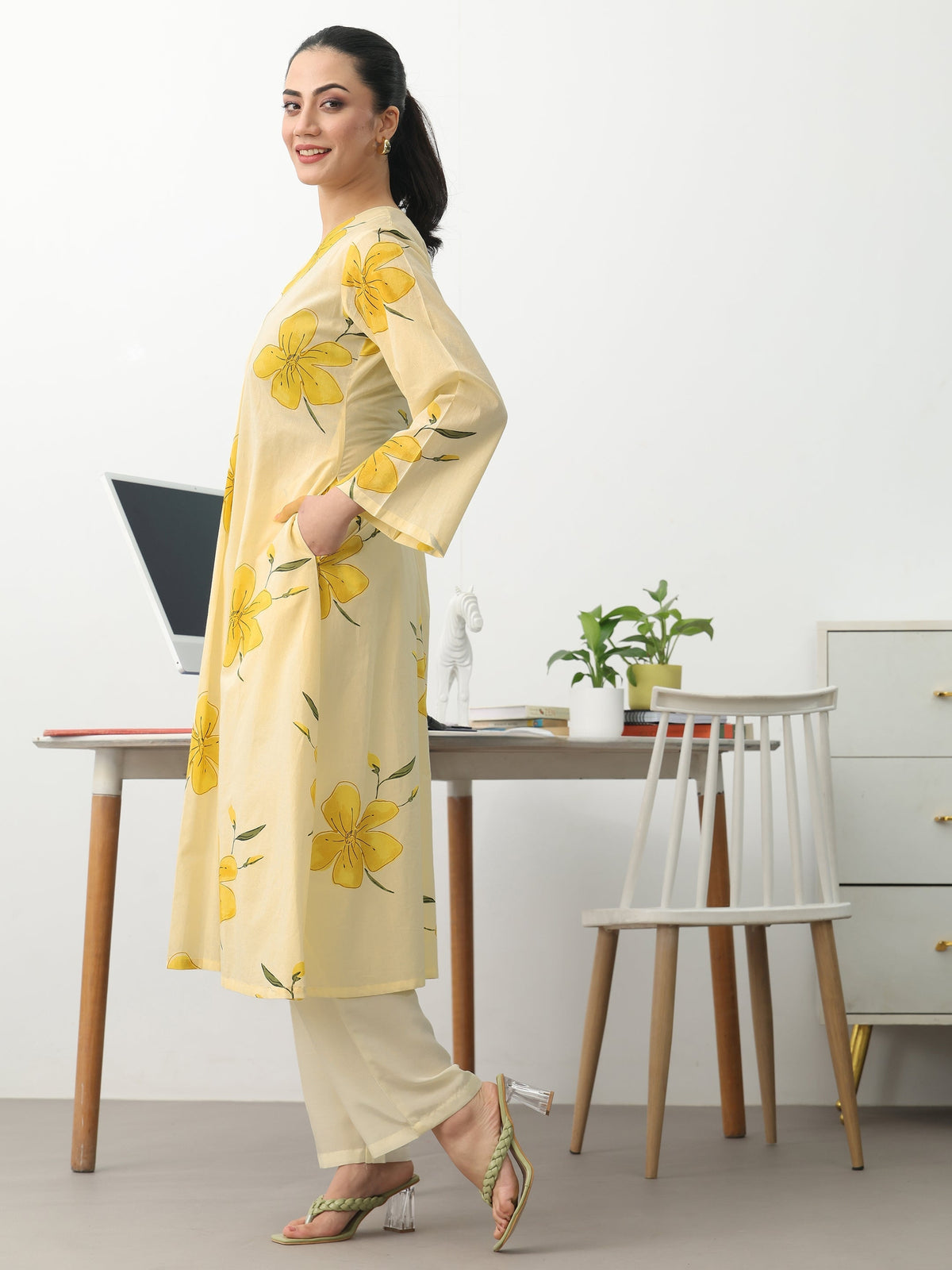Gerua Off White Floral Printed Cotton Blend A-Line Kurta